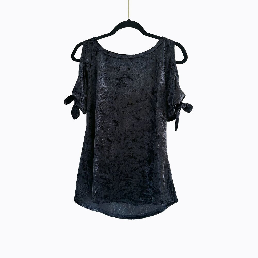 Black Crushed Velvet Y2K Top Sz S Cold Shoulder Whimsigoth Fairy 90s Grunge Vamp
